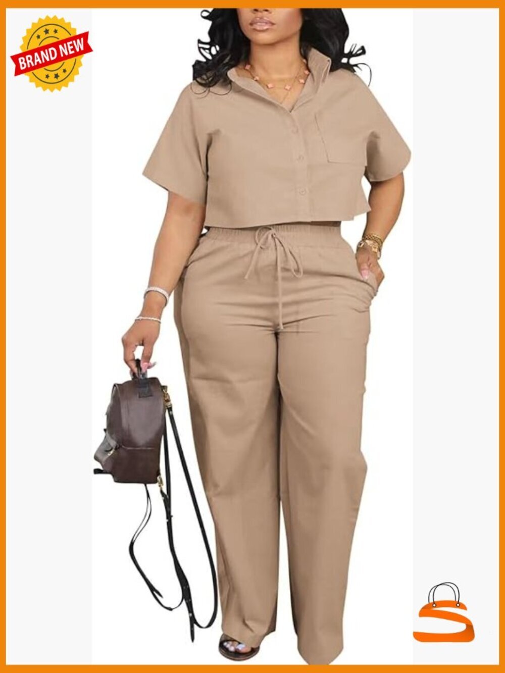 Women 2 Piece Set Button Down Crop Top Wide Leg Pants Lounge Set